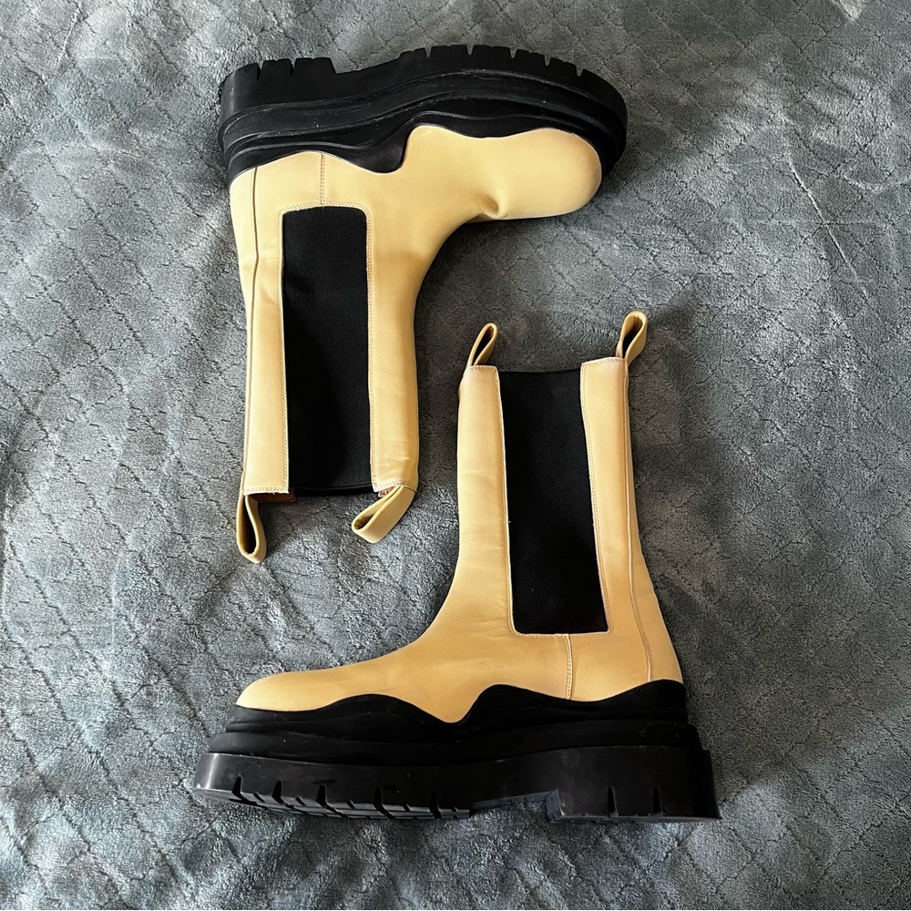 Elegant Tan Black genuine leather in and out tire platform stumper Boots 39